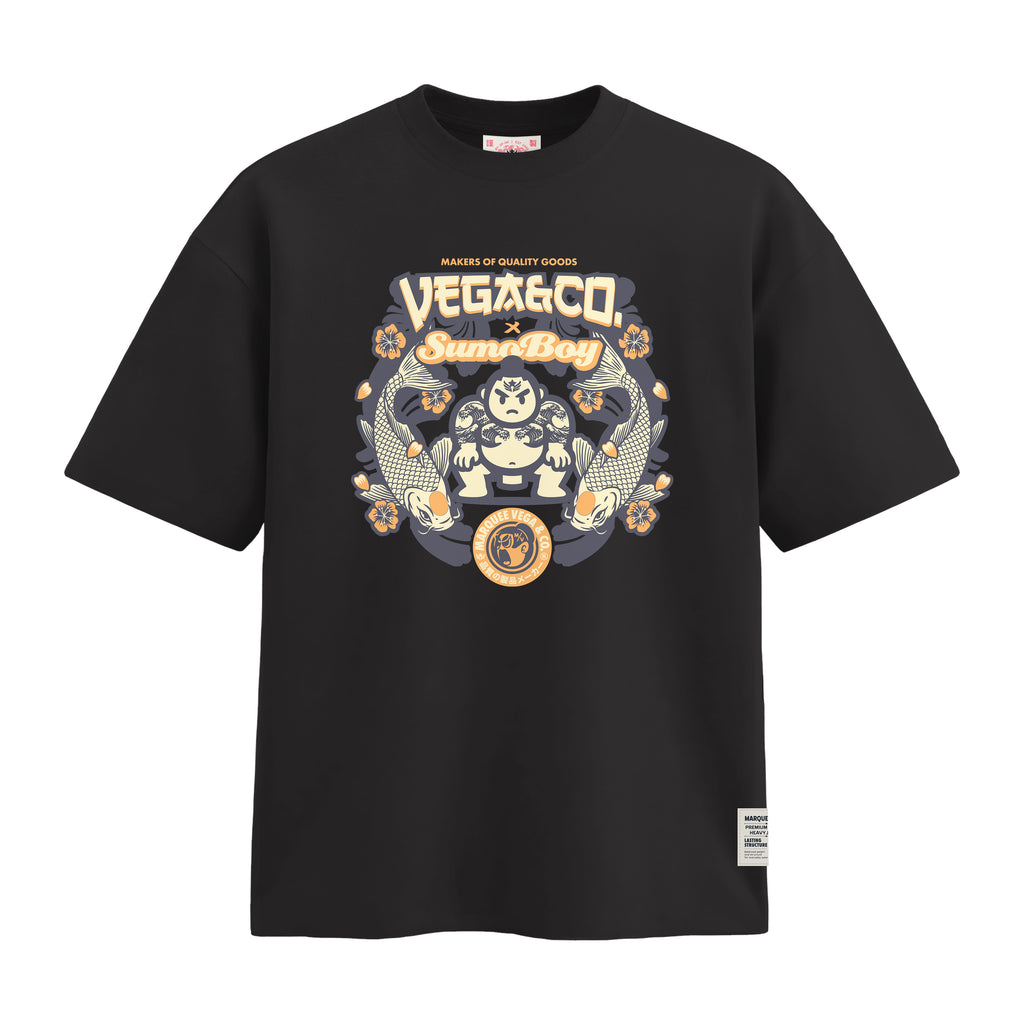 Vega & Co. Sumo Boy heavyweight loose fit graphic tee front artwork on Vintage Black by Marquee Vega.