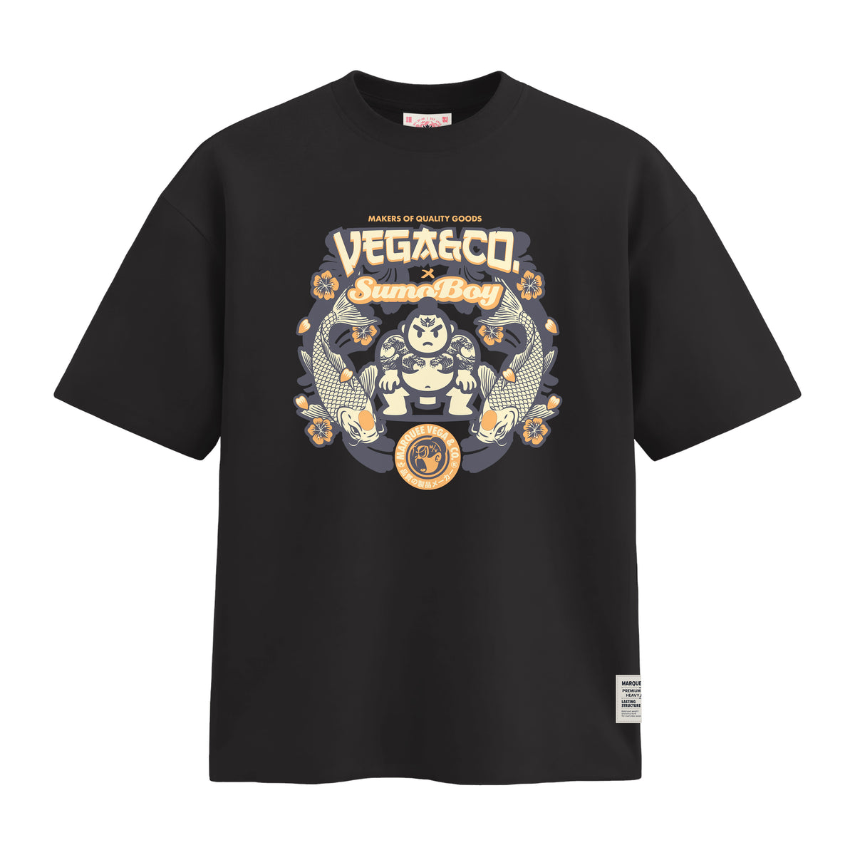 Vega & Co. Sumo Boy heavyweight loose fit graphic tee front artwork on Vintage Black by Marquee Vega.