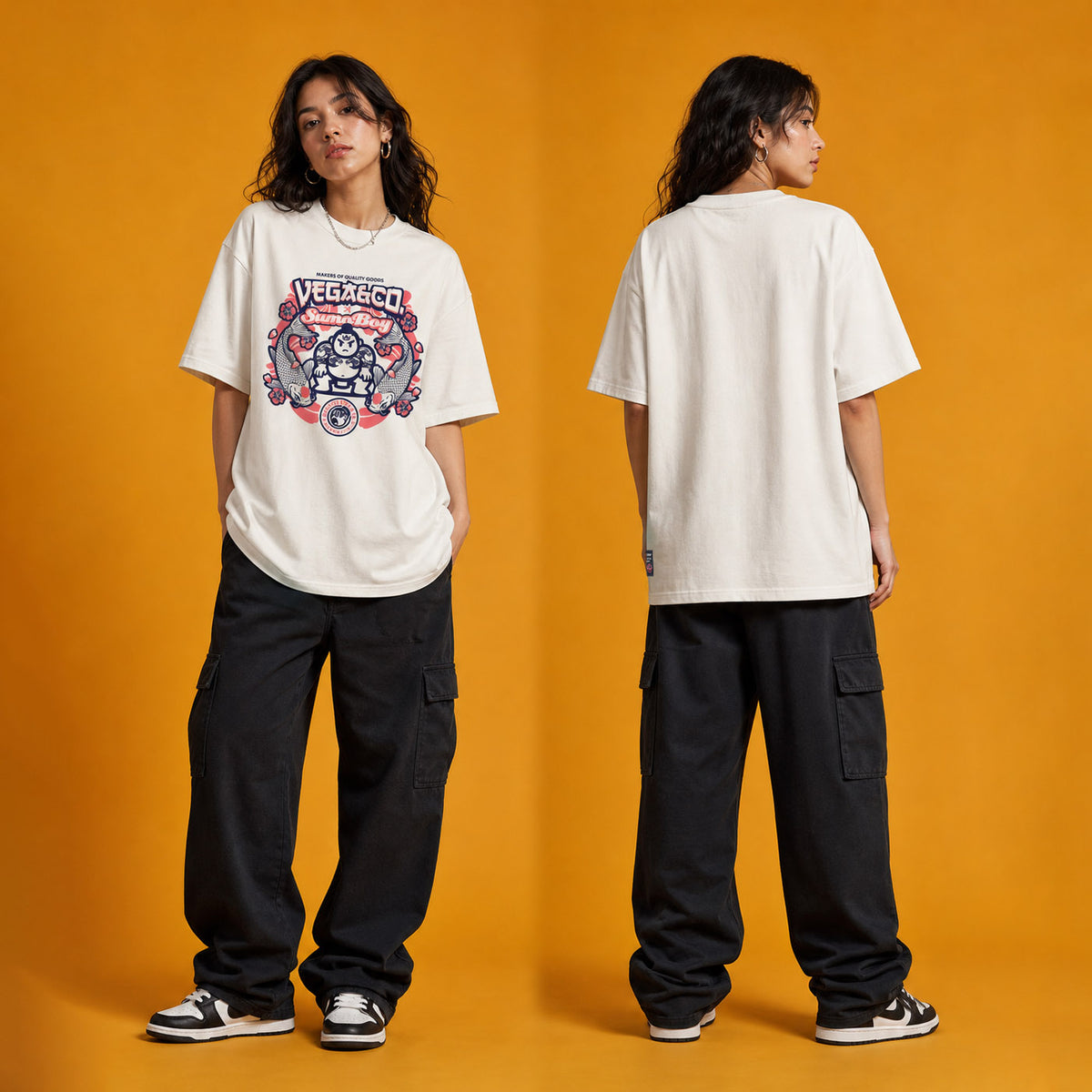 Model wearing the Vega & Co. Sumo Boy heavyweight loose fit graphic tee in Off White, shown front and back.