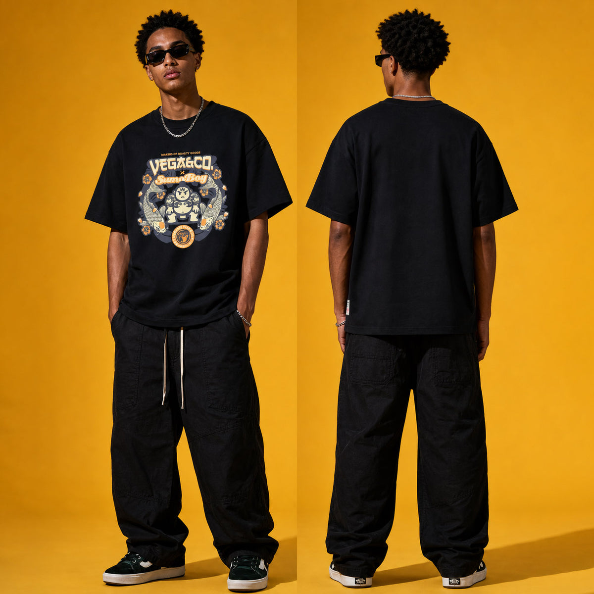 Model wearing the Vega & Co. Sumo Boy heavyweight loose fit graphic tee in Vintage Black, shown front and back.