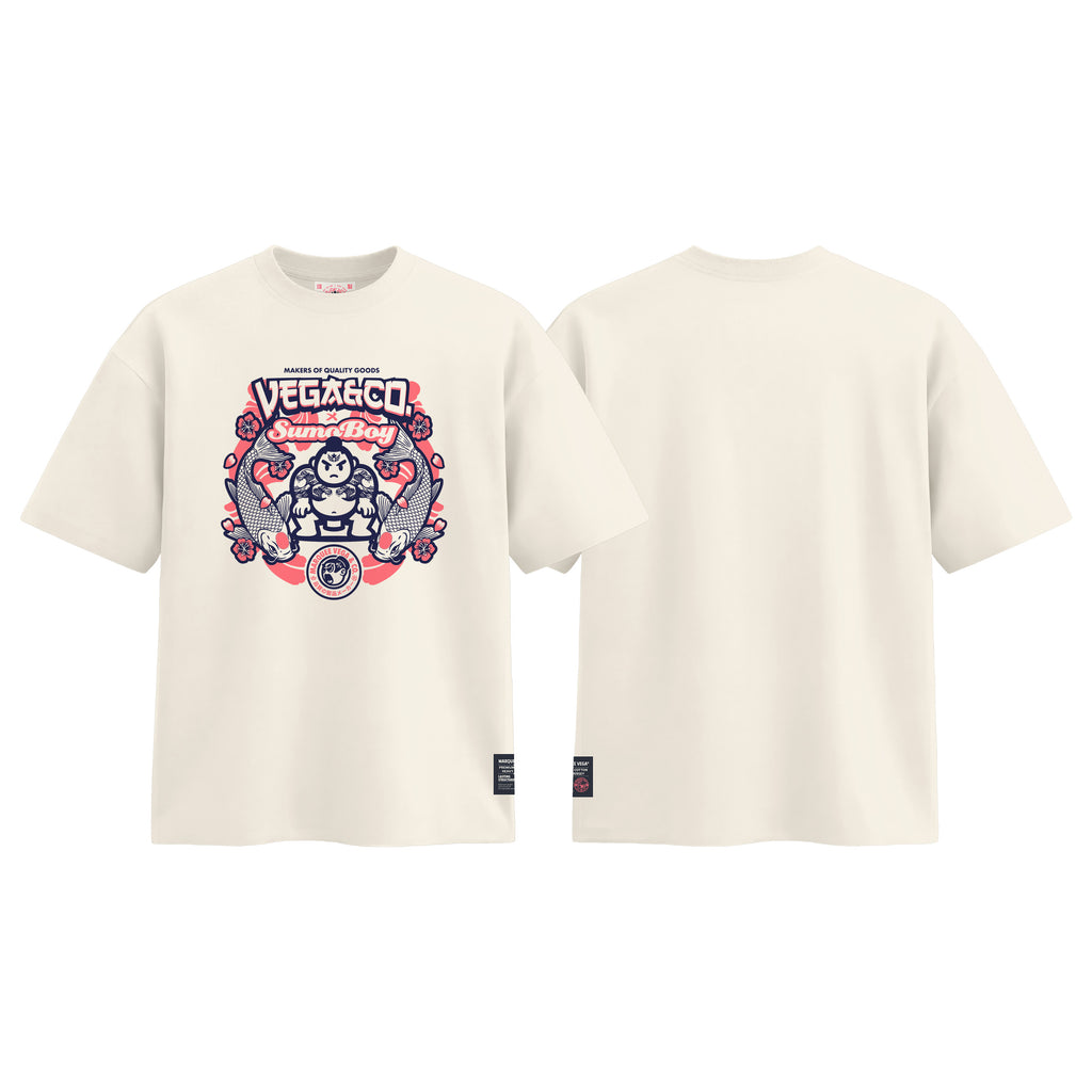 Vega & Co. Sumo Boy graphic tee colour preview in Off White, shown front and back.