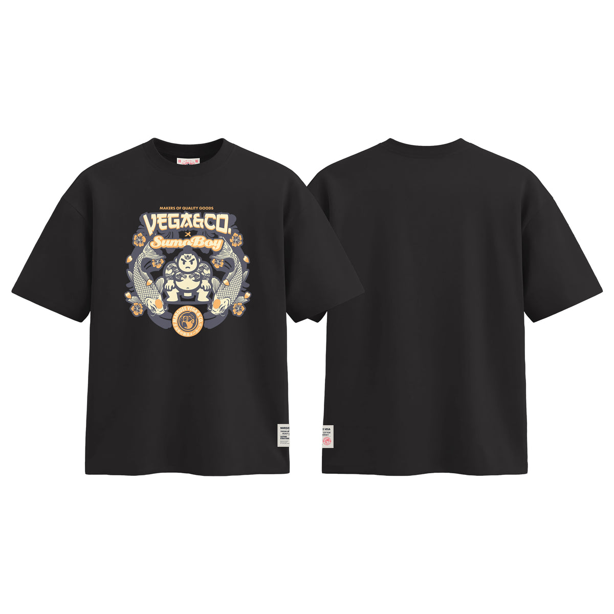 Vega & Co. Sumo Boy graphic tee colour preview in Vintage Black, shown front and back.