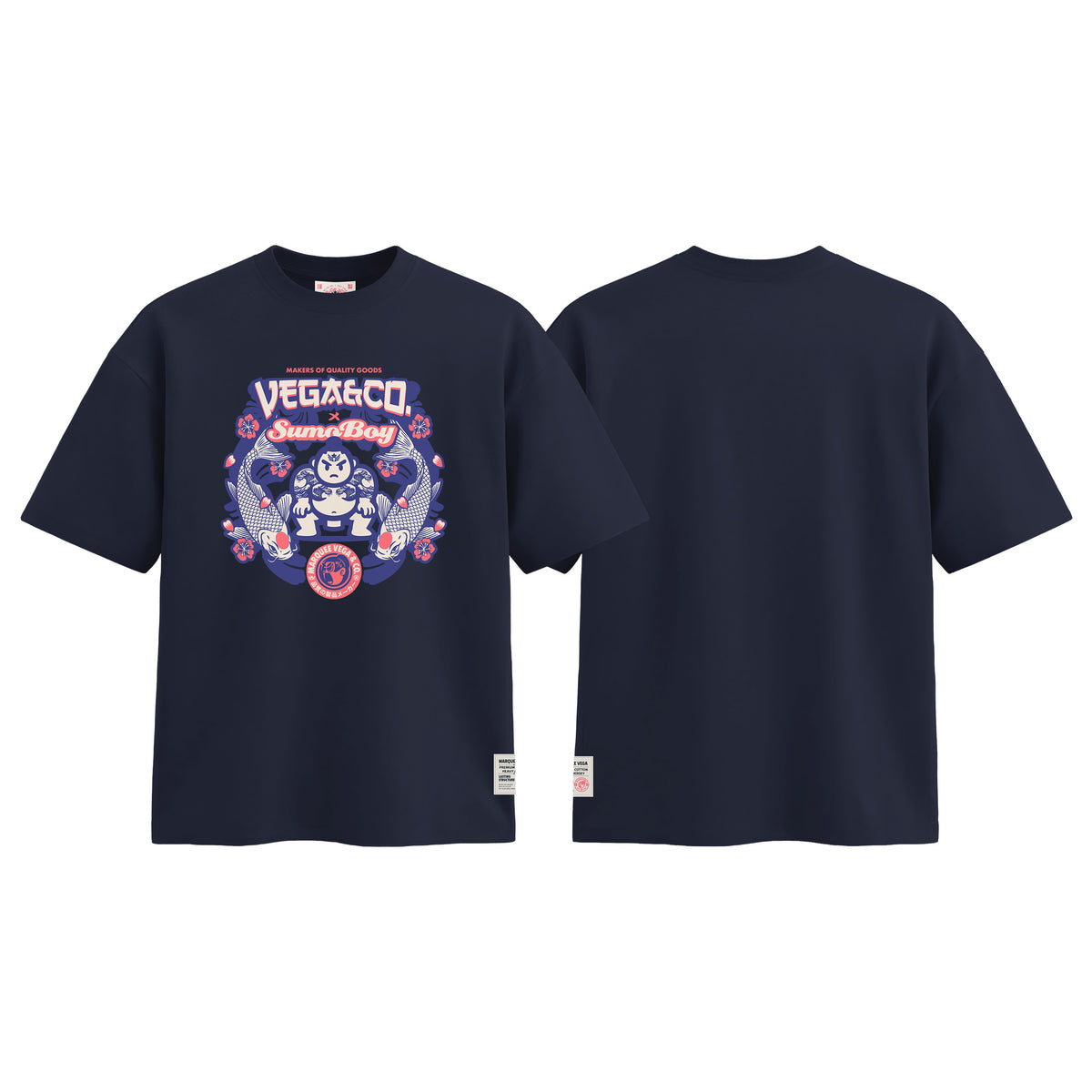 Vega & Co. Sumo Boy graphic tee colour preview in Navy Blue, shown front and back.