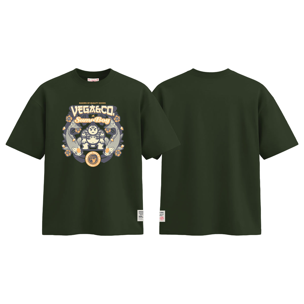 Vega & Co. Sumo Boy graphic tee colour preview in Racing Green, shown front and back.