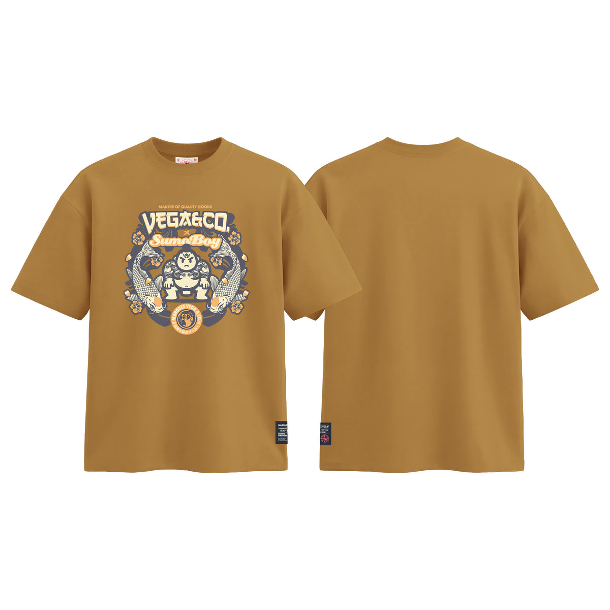 Vega & Co. Sumo Boy graphic tee colour preview in Mustard Yellow, shown front and back.