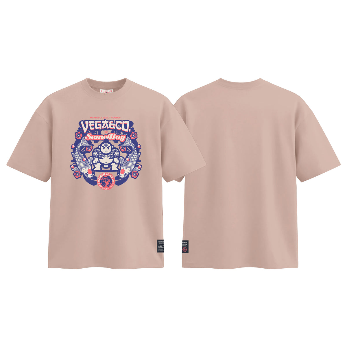 Vega & Co. Sumo Boy graphic tee colour preview in Dirty Pink, shown front and back.
