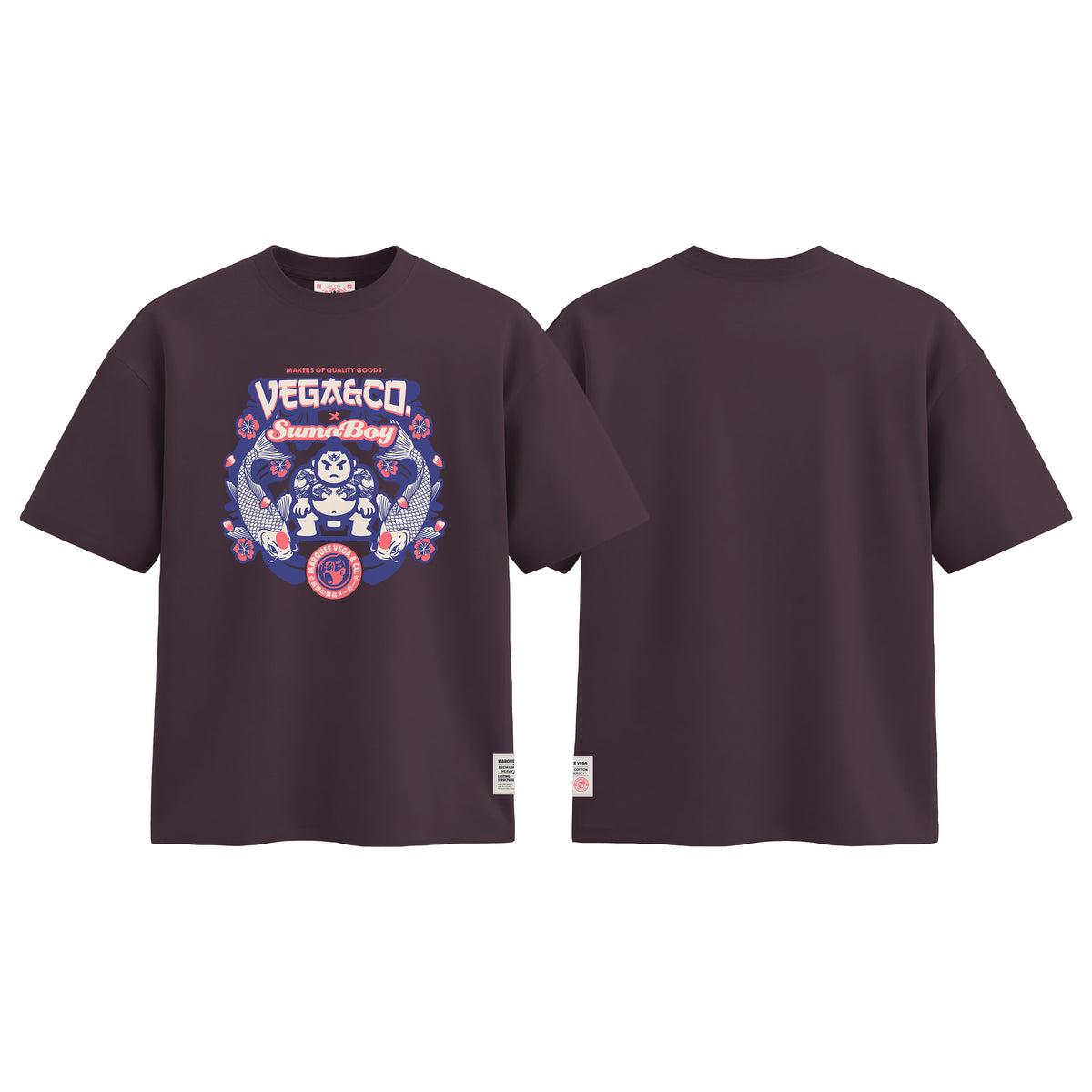 Vega & Co. Sumo Boy graphic tee colour preview in Dark Plum, shown front and back.